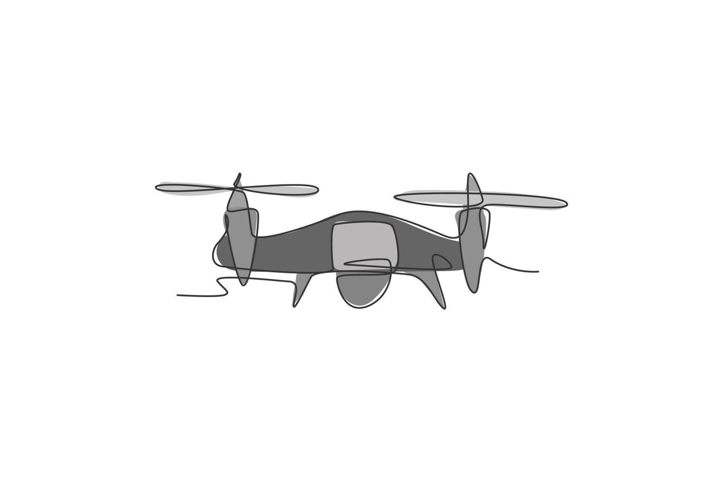 un dibujo de línea continua de un avión no tripulado volador, un avión no tripulado. gadget moderno para el concepto de videografía. Ilustración de vector de diseño de dibujo gráfico de línea única dinámica