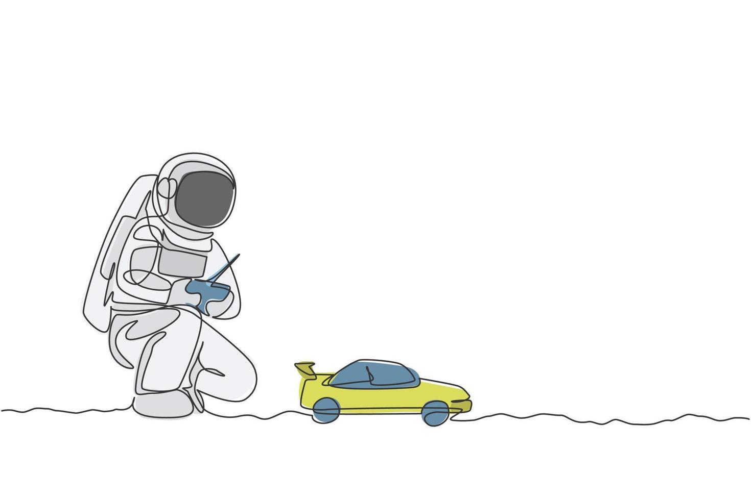 Un dibujo de una sola línea de astronauta jugando control de radio de coche de carreras en gráfico de ilustración de vector de tierra lunar. haciendo hobby mientras que el tiempo libre en el concepto de espacio profundo. diseño moderno de dibujo de línea continua