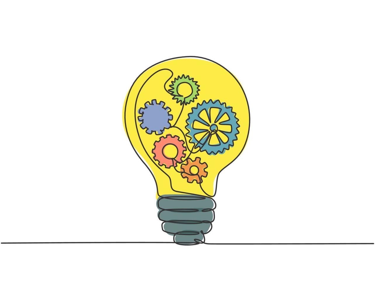 One single line drawing of lightbulb with metal gear wheel inside for machine company logo identity. Creative automotive workshop icon concept. Trendy continuous line draw design vector illustration