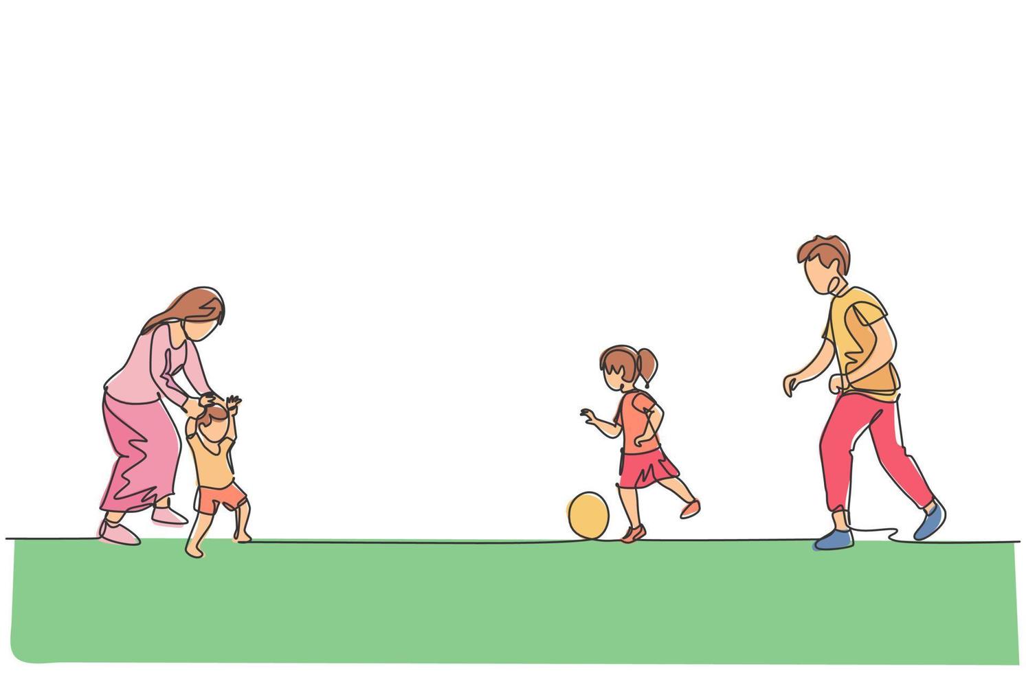 One single line drawing of young father playing soccer with daughter while mother teaching son to walk at field vector illustration. Happy family parenting concept. Modern continuous line draw design