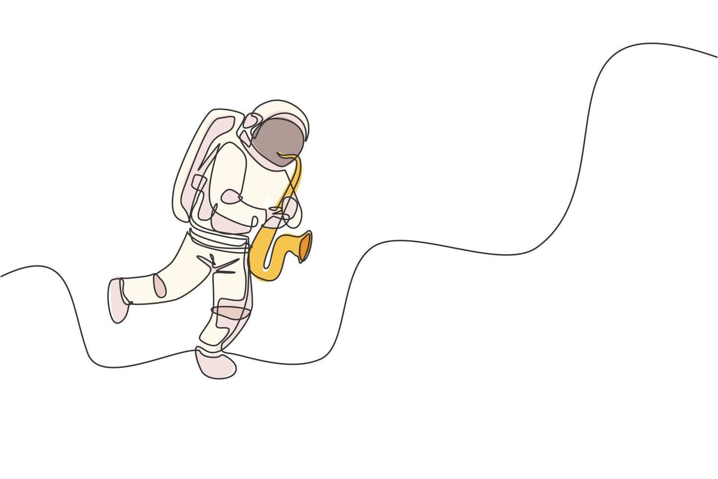 One continuous line drawing astronaut with spacesuit playing saxophone in galaxy universe. Outer space music concert and orchestra concept. Dynamic single line draw design graphic vector illustration