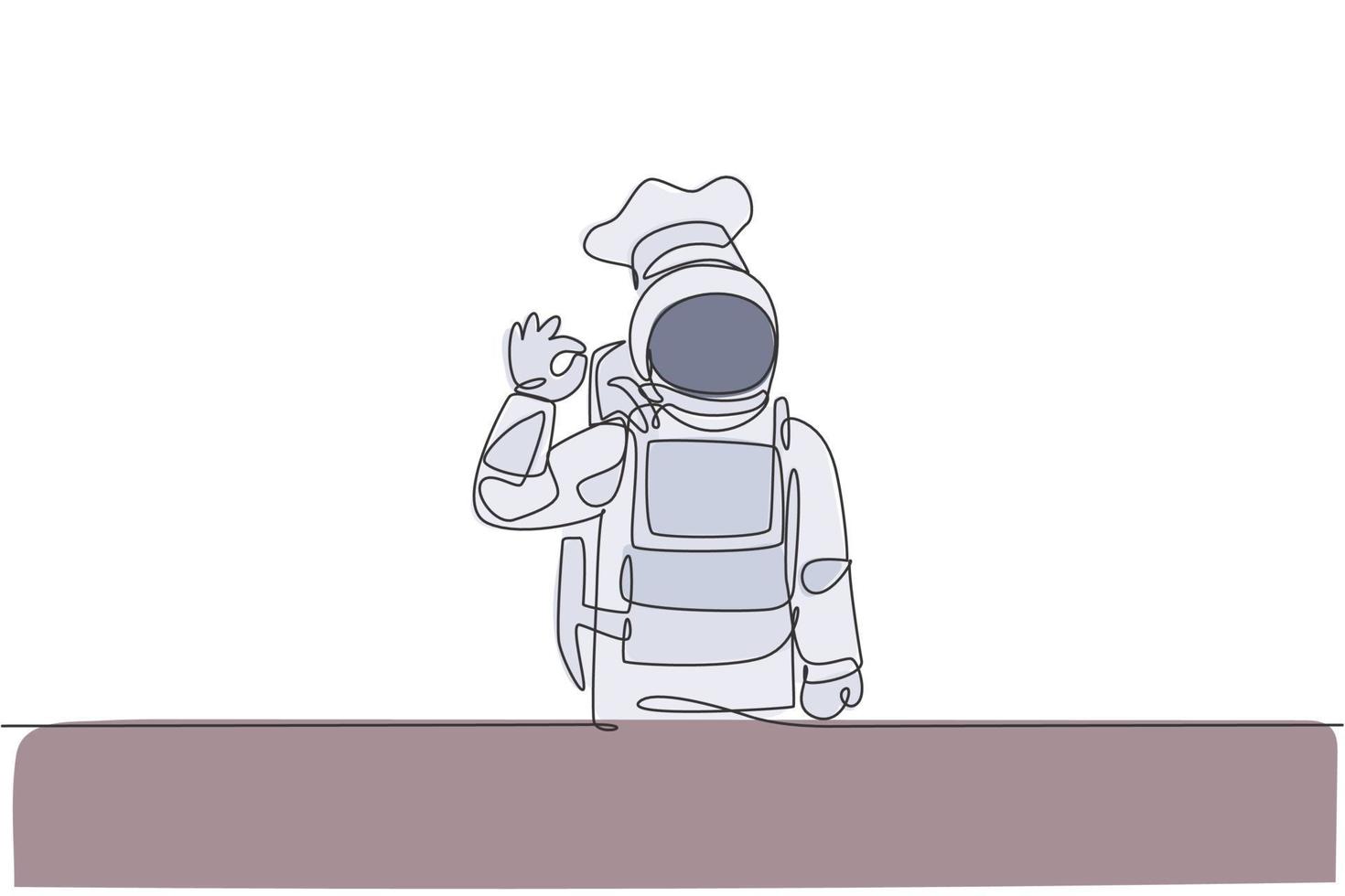 One single line drawing of young astronaut chef giving okay taste gesture for delicious food vector illustration. Delicious space galaxy dish concept. Modern continuous line draw design graphic