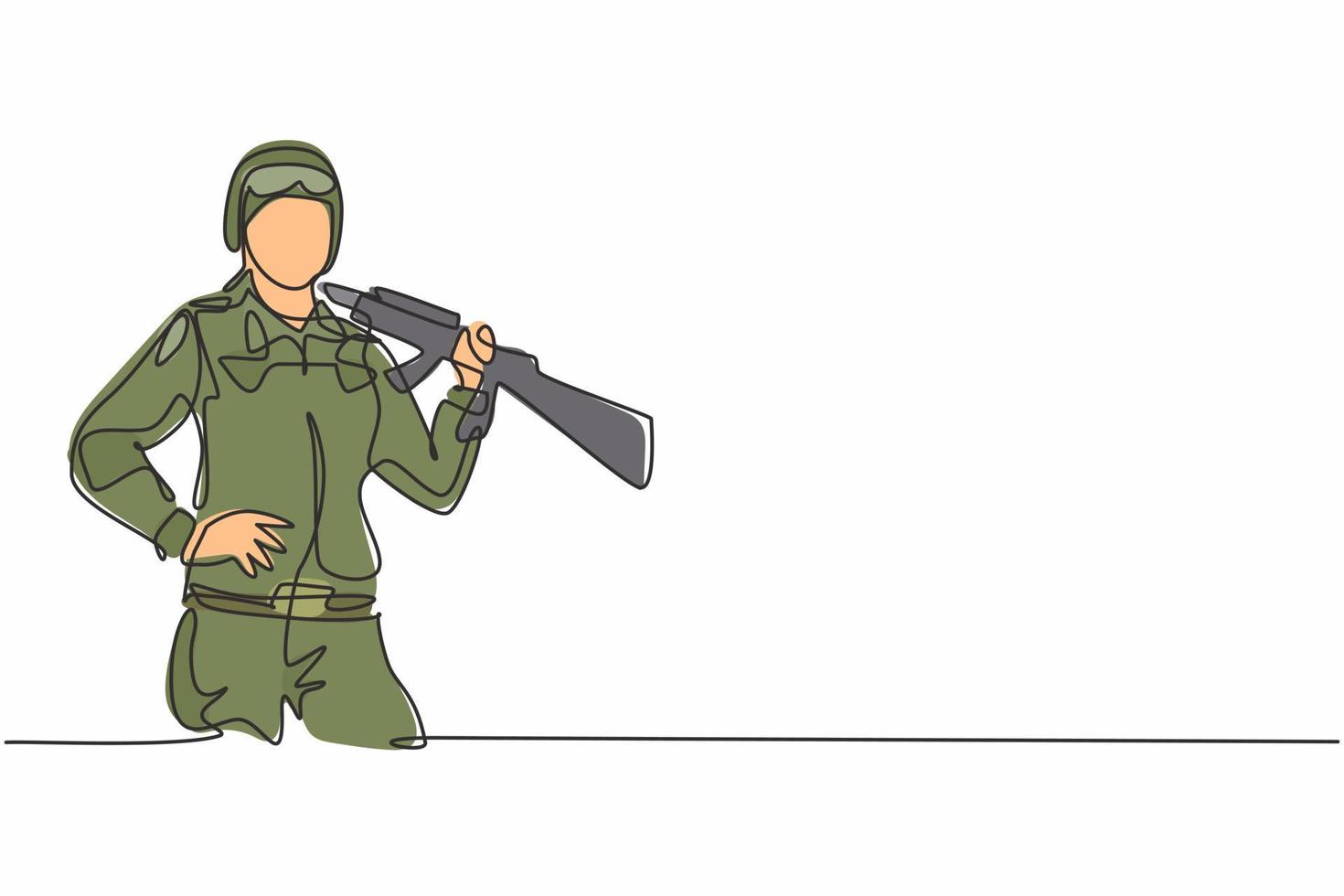 dibujo de una sola línea de joven mujer valiente soldado posando con las manos en la cadera. trabajo profesional profesión y ocupación concepto mínimo. Ilustración de vector gráfico de diseño de dibujo de línea continua