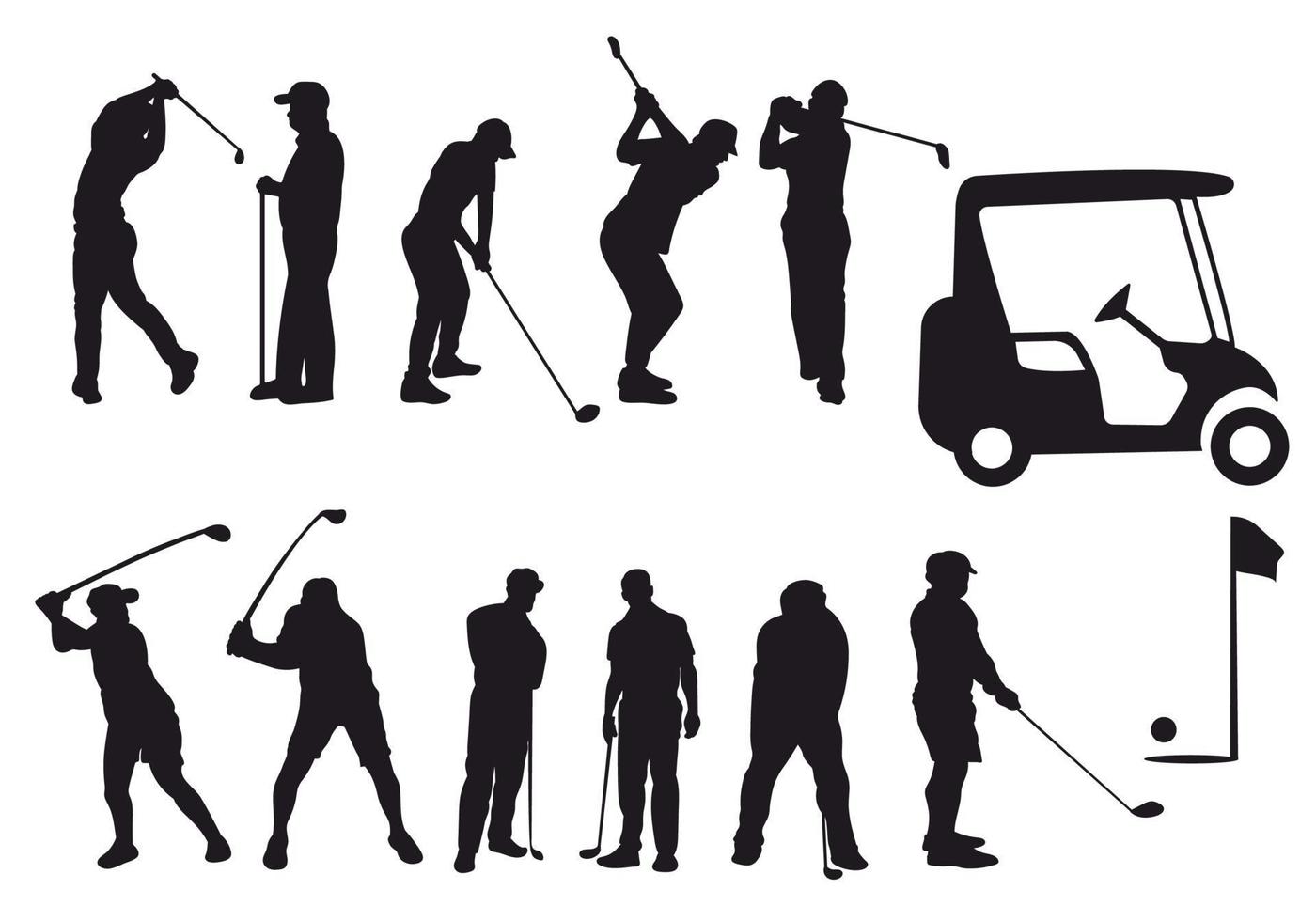 Big collection of silhouettes of people playing golf isolated on white background. sport vector illustration