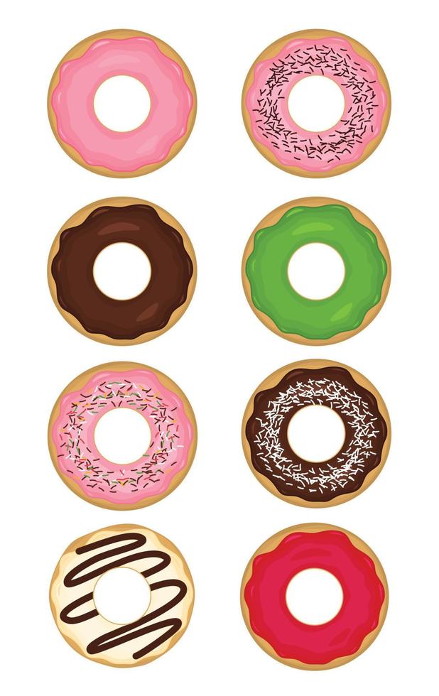 Donut icon with various toppings of chocolate, strawberry, green tea, orange and tiramisu vector