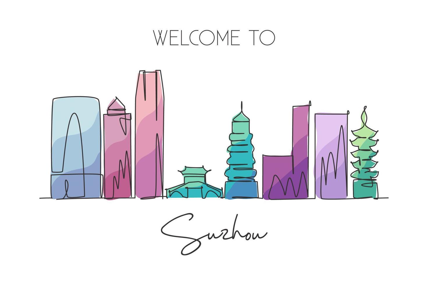Single continuous line drawing of Suzhou city skyline, China. Famous city scraper and landscape wall decor poster. World travel concept. Editable stroke modern one line draw design vector illustration
