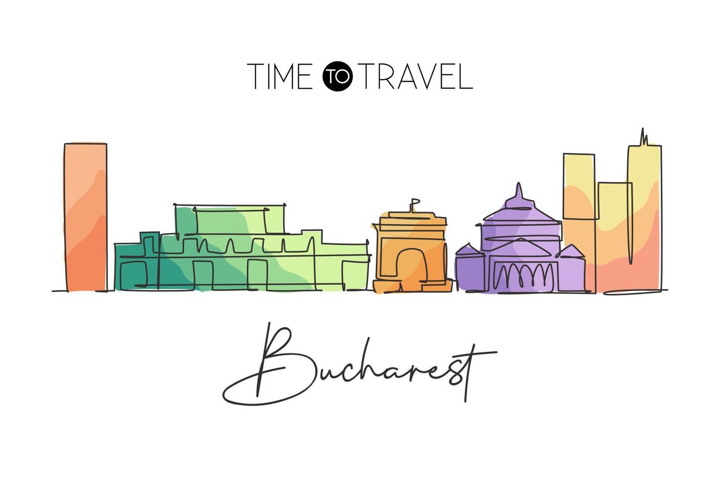 One continuous line drawing of Bucharest city skyline, Romania. Beautiful landmark. World landscape tourism and travel vacation. Editable stylish stroke art single line draw design vector illustration