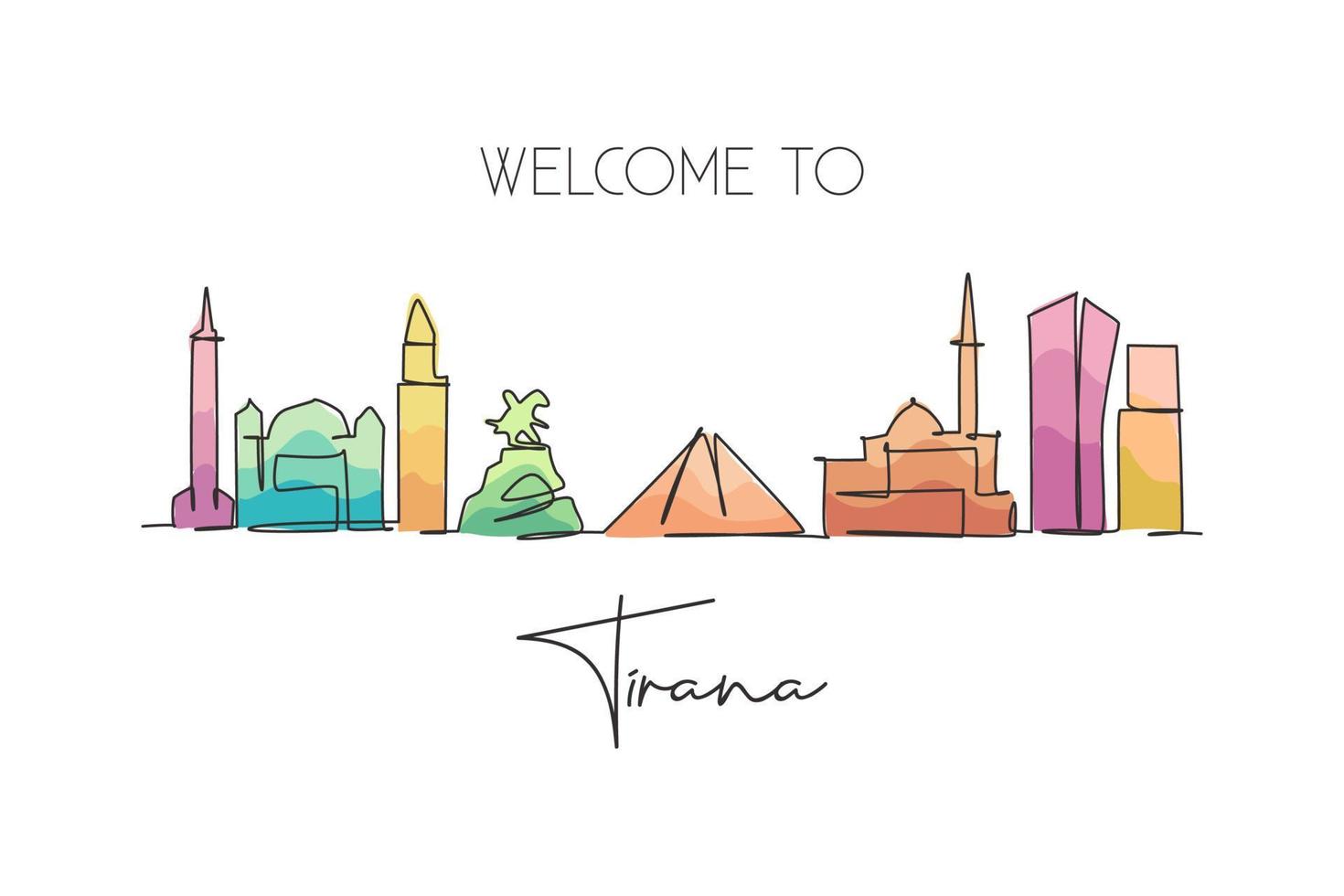 un dibujo de línea continua del horizonte de la ciudad de tirana, albania. hermoso hito. cartel de vacaciones de viaje y turismo de paisaje mundial. Ilustración de vector de diseño de dibujo de una sola línea de trazo elegante editable