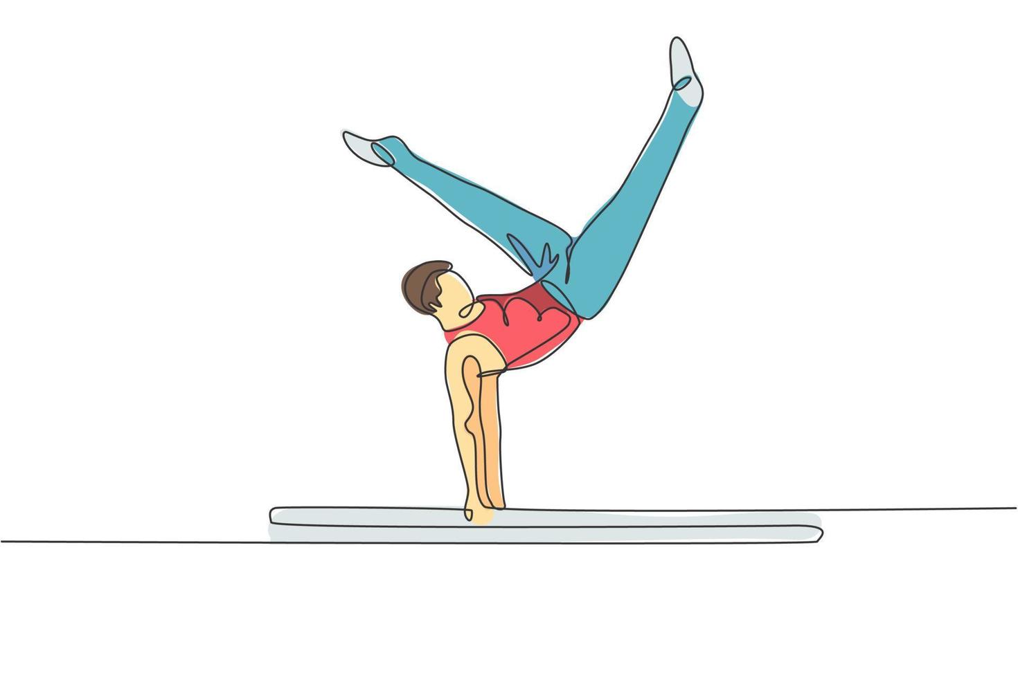 One continuous line drawing of young man exercising parallel bars gymnastic. Gymnast athlete in leotard. Healthy sport and active concept. Dynamic single line draw design graphic vector illustration