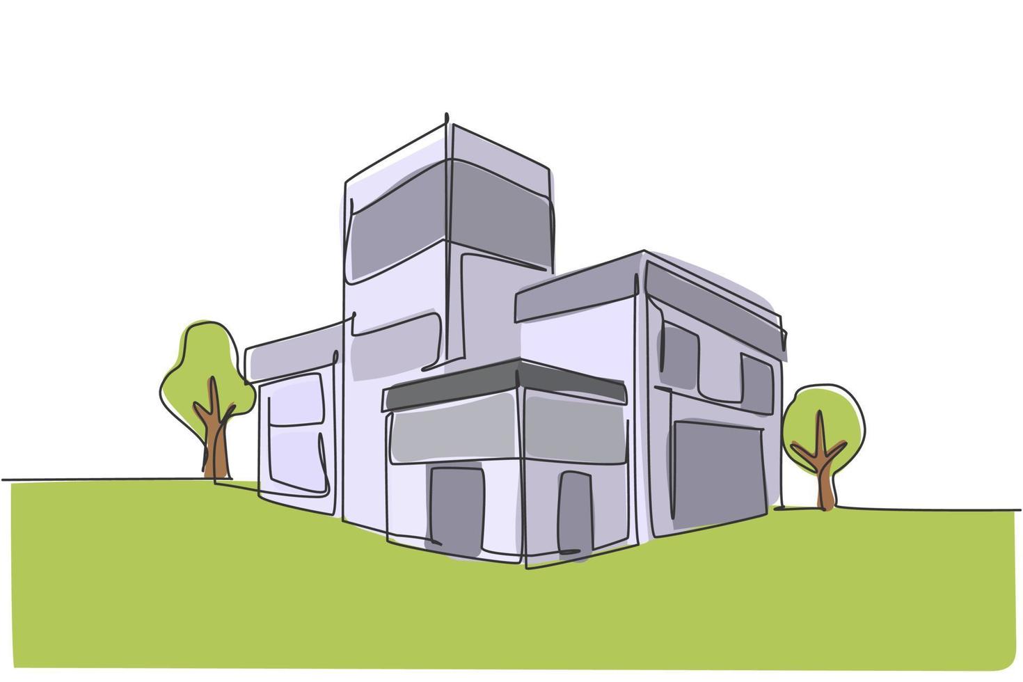 Edificio de lujo de una sola línea continua de dibujo en la gran ciudad. concepto de minimalismo aislado de la propiedad de la arquitectura del hogar. Ilustración de vector de diseño gráfico de dibujo de una línea dinámica sobre fondo blanco