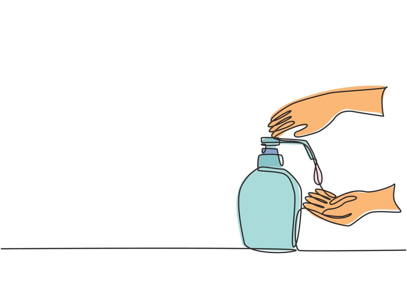 Single continuous line drawing hand sanitizer bottles containing cleaning fluids such as alcohol to clean hands from germs, bacteria, viruses. Dynamic one line draw graphic design vector illustration.