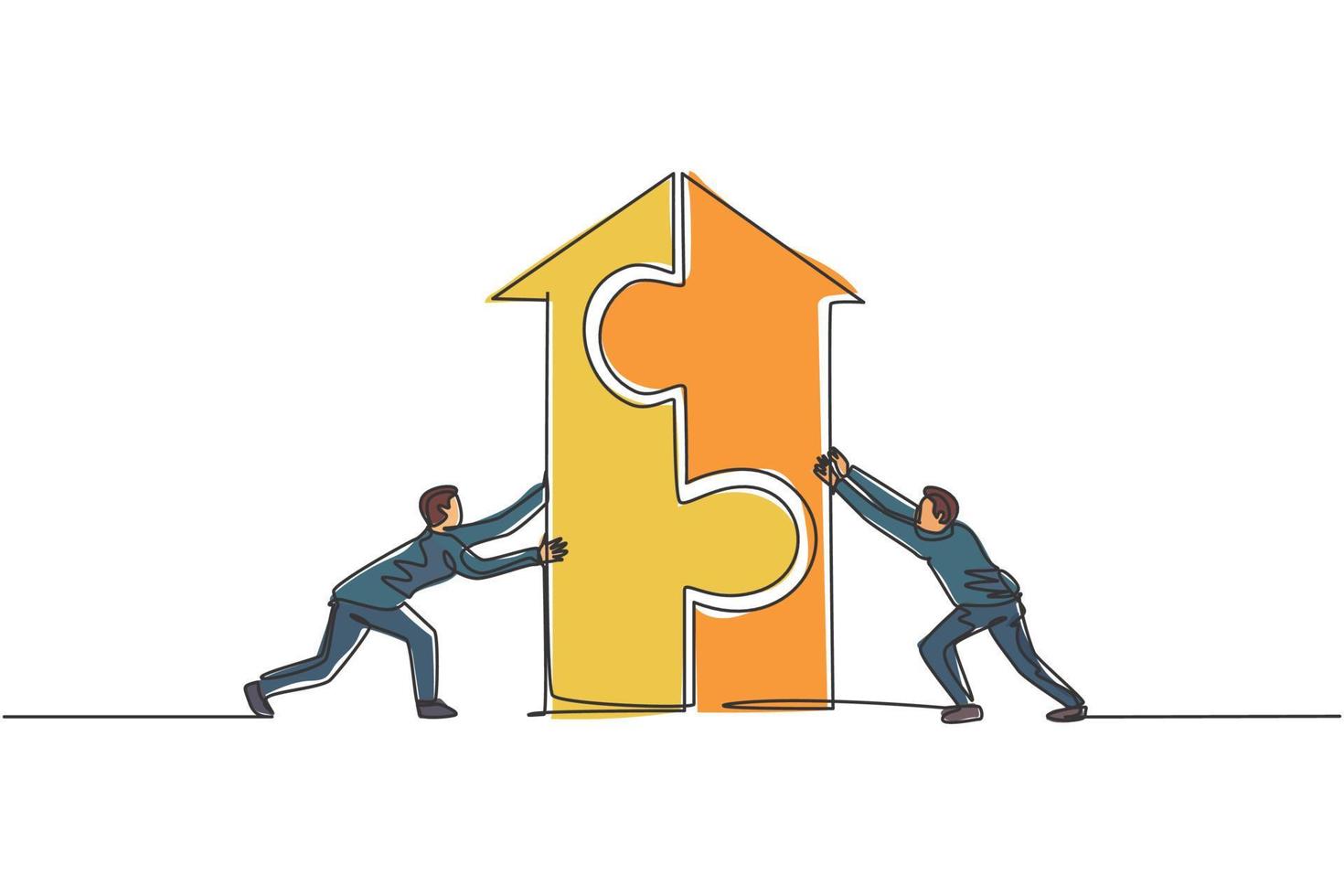 Continuous one line drawing two young handsome male workers pushing arrow shape puzzle to unite. Successful teamwork minimalist concept. Trendy single line draw design vector graphic illustration