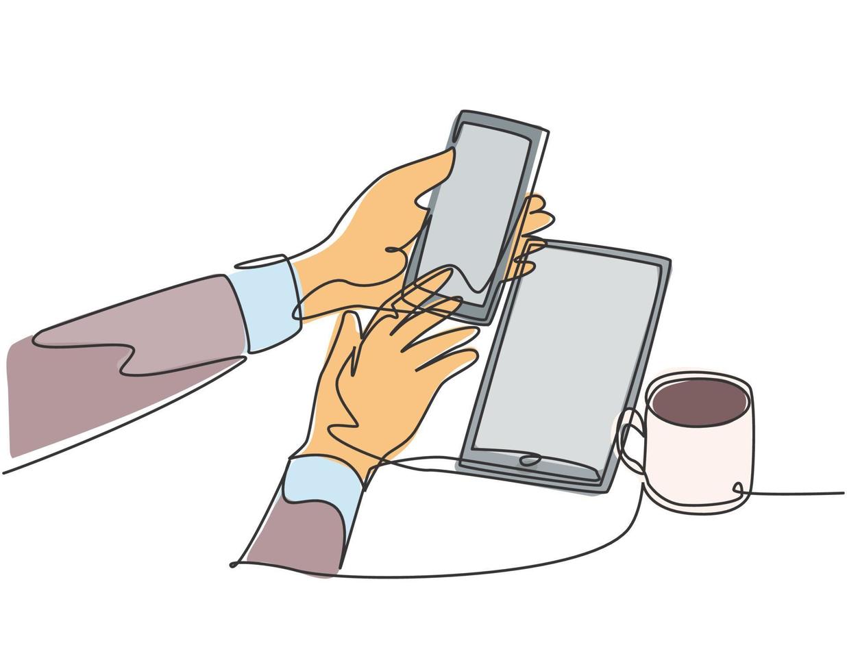 One single line drawing of gesture hand holding touch smartphone screen doing transaction online shopping beside mug of drink. Device gadget concept continuous line draw design vector illustration