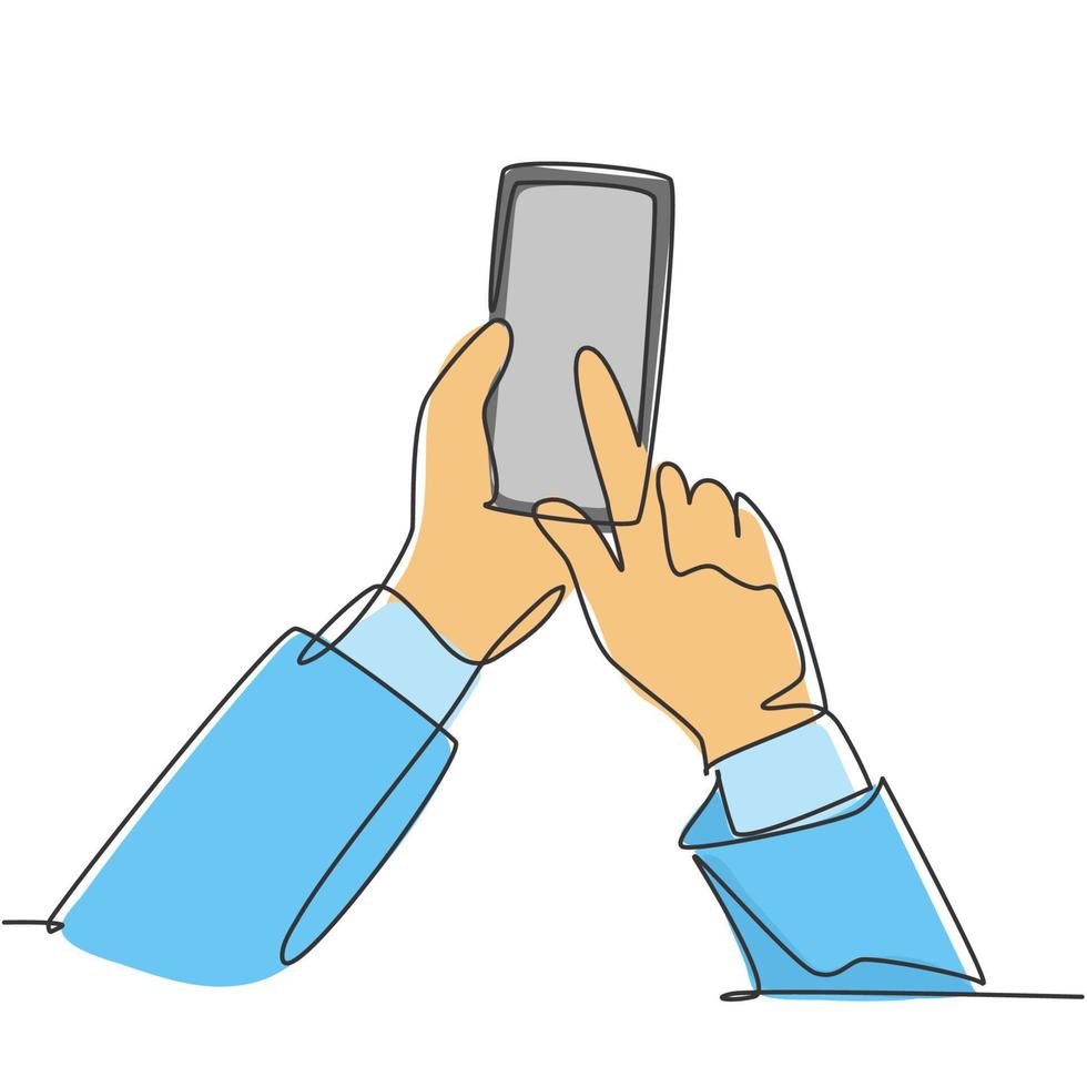One continuous line drawing of gesture hands holding and touch the screen of smartphone to finish transaction on online shop. Gadget device concept single line draw design graphic vector illustration