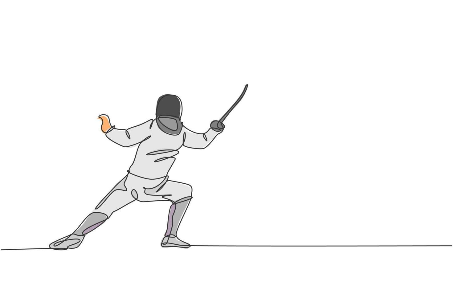 One continuous line drawing of young man fencing athlete practice fighting on professional sport arena. Fencing costume and holding sword concept. Dynamic single line draw design vector illustration