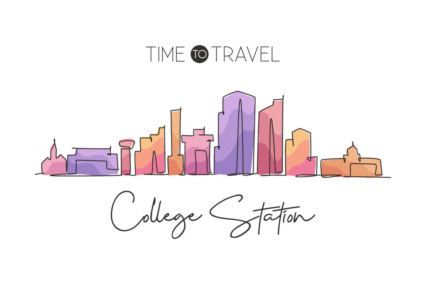 Single continuous line drawing of College Station skyline, Texas. Famous city scraper landscape. World travel home wall decor art poster print concept. Modern one line draw design vector illustration
