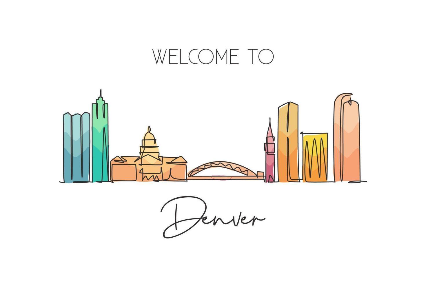 dibujo de una sola línea continua del horizonte de la ciudad de denver, estados unidos. famoso raspador y paisaje de la ciudad. Impresión de póster de arte de pared de decoración del hogar de concepto de viaje mundial. Ilustración de vector de diseño de dibujo de una línea moderna