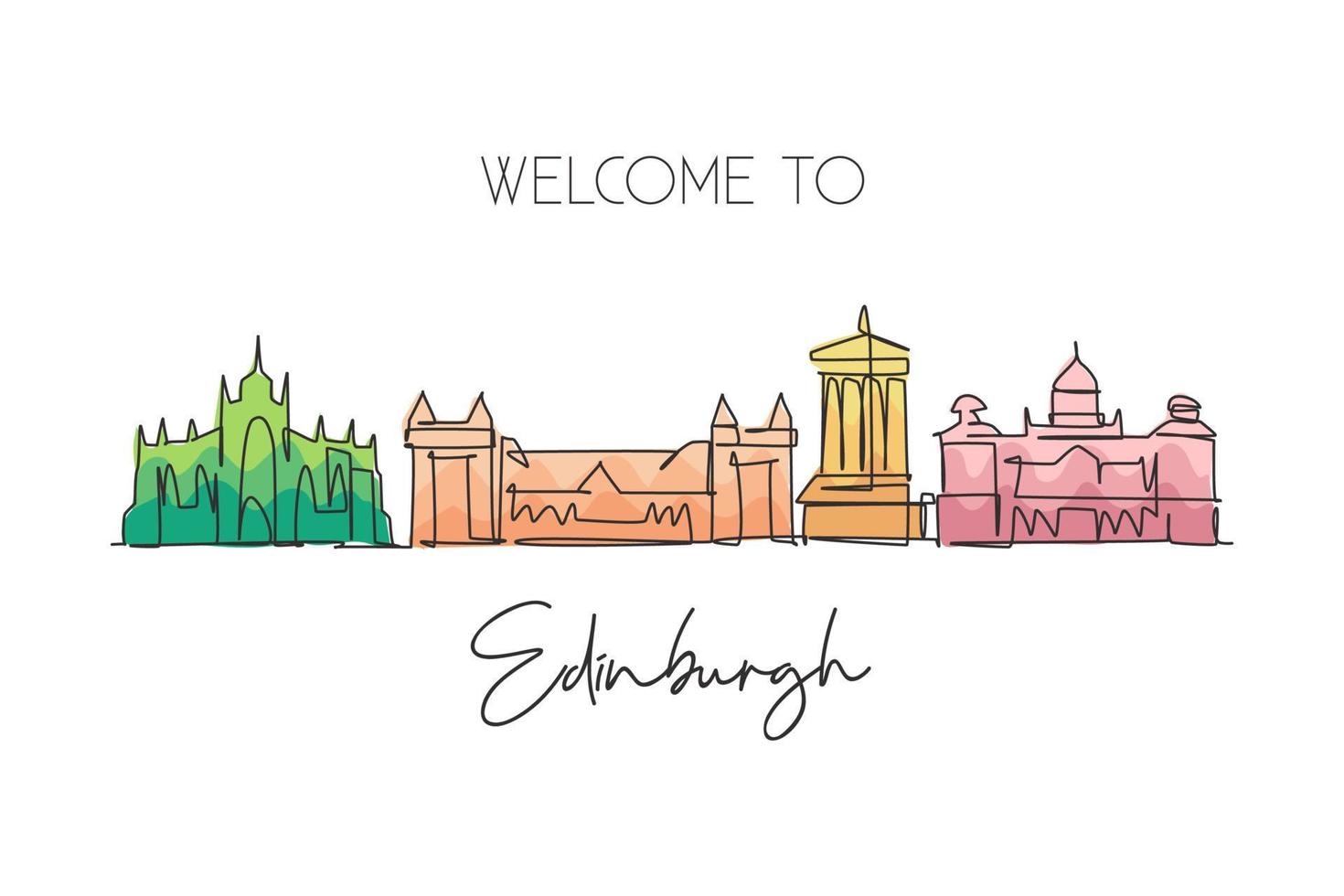 One continuous line drawing of Edinburgh city skyline, Scotland. Beautiful landmark. World landscape tourism and travel vacation. Editable stylish stroke single line draw design vector illustration