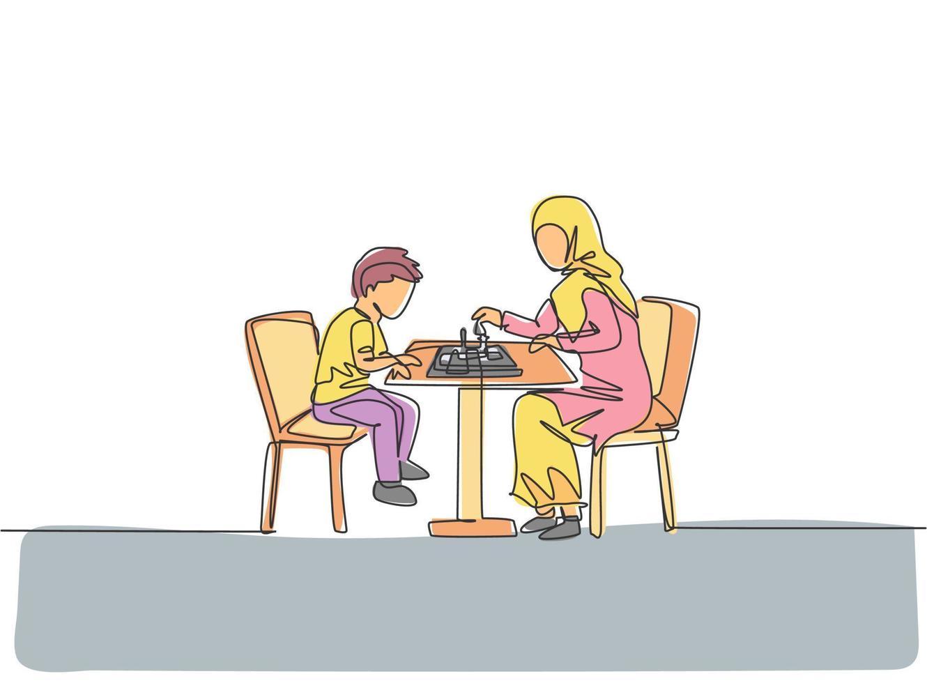Un dibujo de una sola línea de una joven madre árabe enseña a su hijo a jugar al ajedrez en serio en la ilustración de vector de casa. feliz concepto de crianza de los hijos de la familia musulmana islámica. diseño moderno de dibujo de línea continua