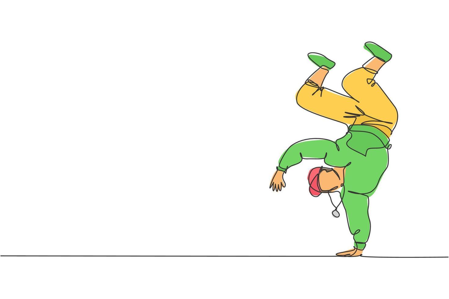 Un solo dibujo de línea continua de un joven bailarín de hip-hop enérgico en una sudadera con capucha practica el break dance en la calle. concepto de estilo de vida de generación urbana. Ilustración de vector de diseño de dibujo de una línea de moda