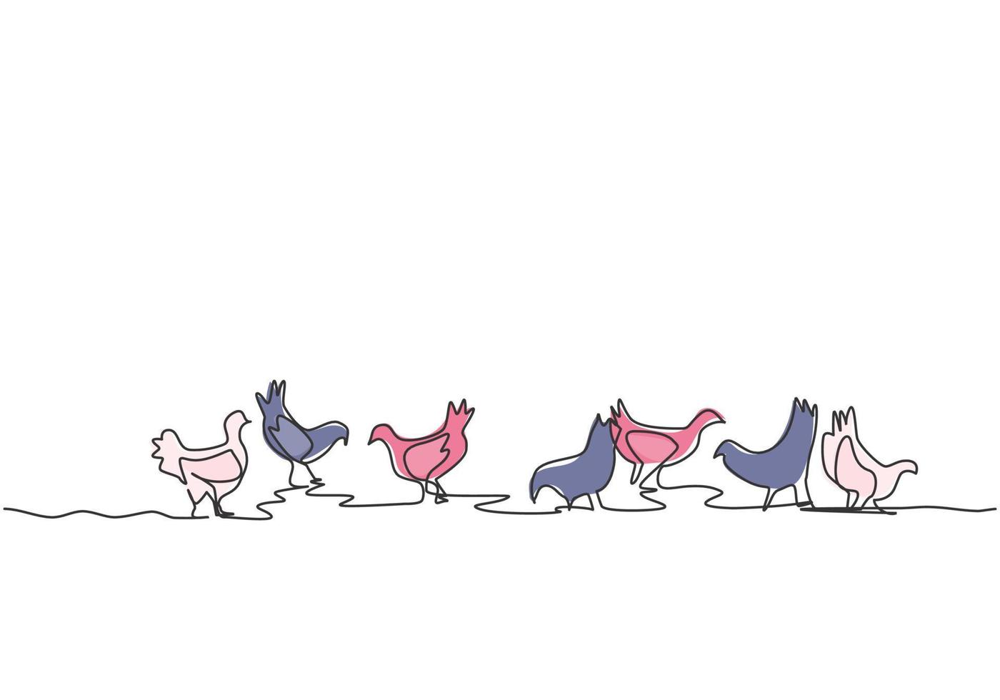 Single continuous line drawing of several chickens were playing in the fields while looking for food. Successful farming minimalism concept. Dynamic one line draw graphic design vector illustration