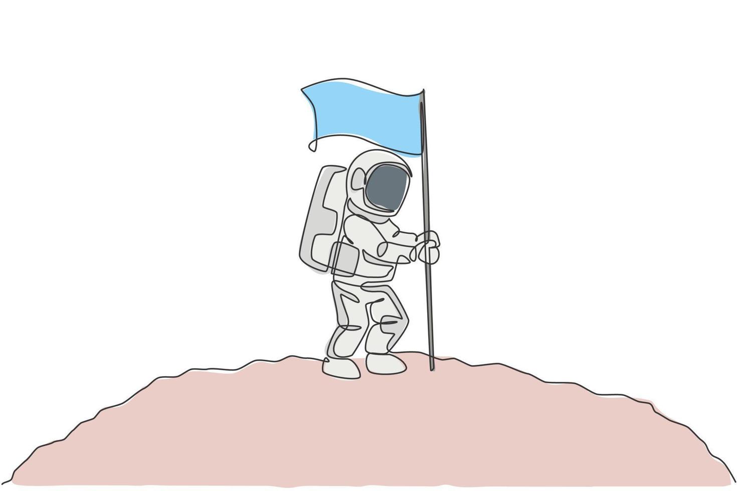 One single line drawing of space man astronaut exploring cosmic galaxy, and planting flag on moon surface vector illustration. Fantasy outer space life fiction concept. Continuous line draw design