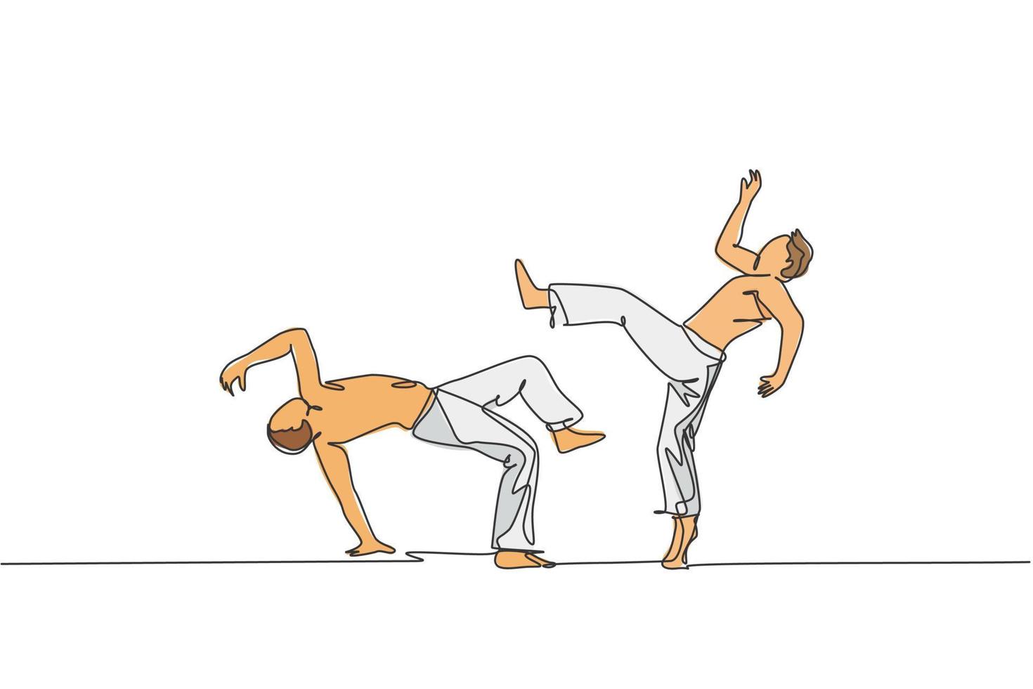 Single continuous line drawing of two young sportive men practice Brazilian capoeira move dance at outdoor street. Culture martial art sport concept. Trendy one line draw design vector illustration