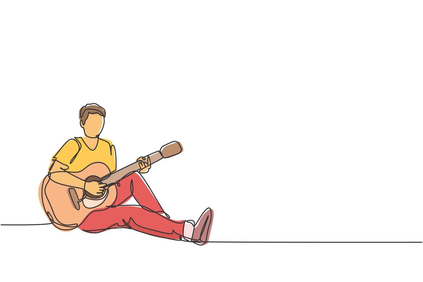 Un dibujo de línea continua del joven guitarrista masculino feliz sentado relajarse en el suelo mientras toca la guitarra acústica. Ilustración de vector de diseño de dibujo de línea única de concepto de rendimiento de artista músico