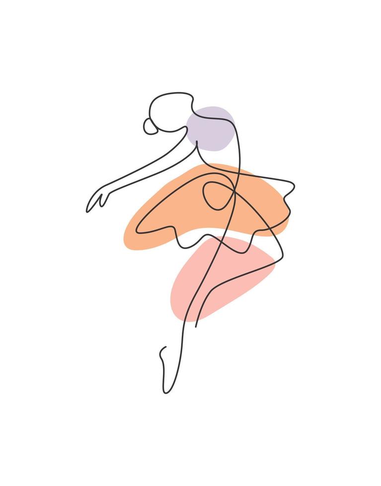 Una sola línea de dibujo ilustración de vector de bailarina de mujer sexy. bailarina de ballet bonita minimalista muestra el concepto de movimiento de danza. Póster de decoración de pared con estampado de moda. diseño gráfico de dibujo de línea continua moderna