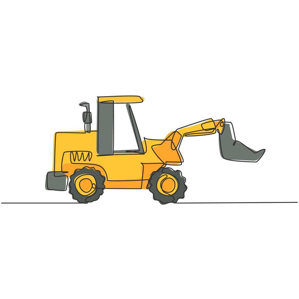 One continuous line drawing of bulldozer for digging soil, commercial vehicle. Heavy backhoe construction trucks equipment concept. Dynamic single line draw design vector illustration graphic