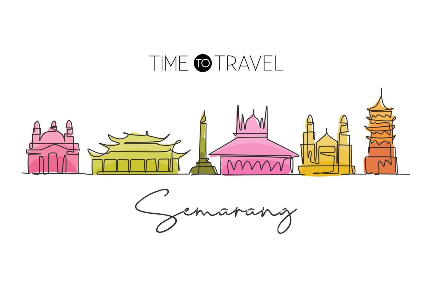 One single line drawing of Semarang city skyline, Java, Indonesia. Town landscape for home wall decor poster. Best holiday destination. Trendy continuous line draw graphic design vector illustration