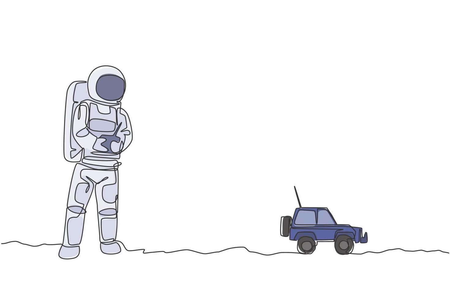 Un dibujo de una sola línea de un astronauta tocando el control de radio del coche en la ilustración gráfica de vector de tierra lunar. haciendo hobby mientras que el tiempo libre en el concepto de espacio profundo. diseño moderno de dibujo de línea continua