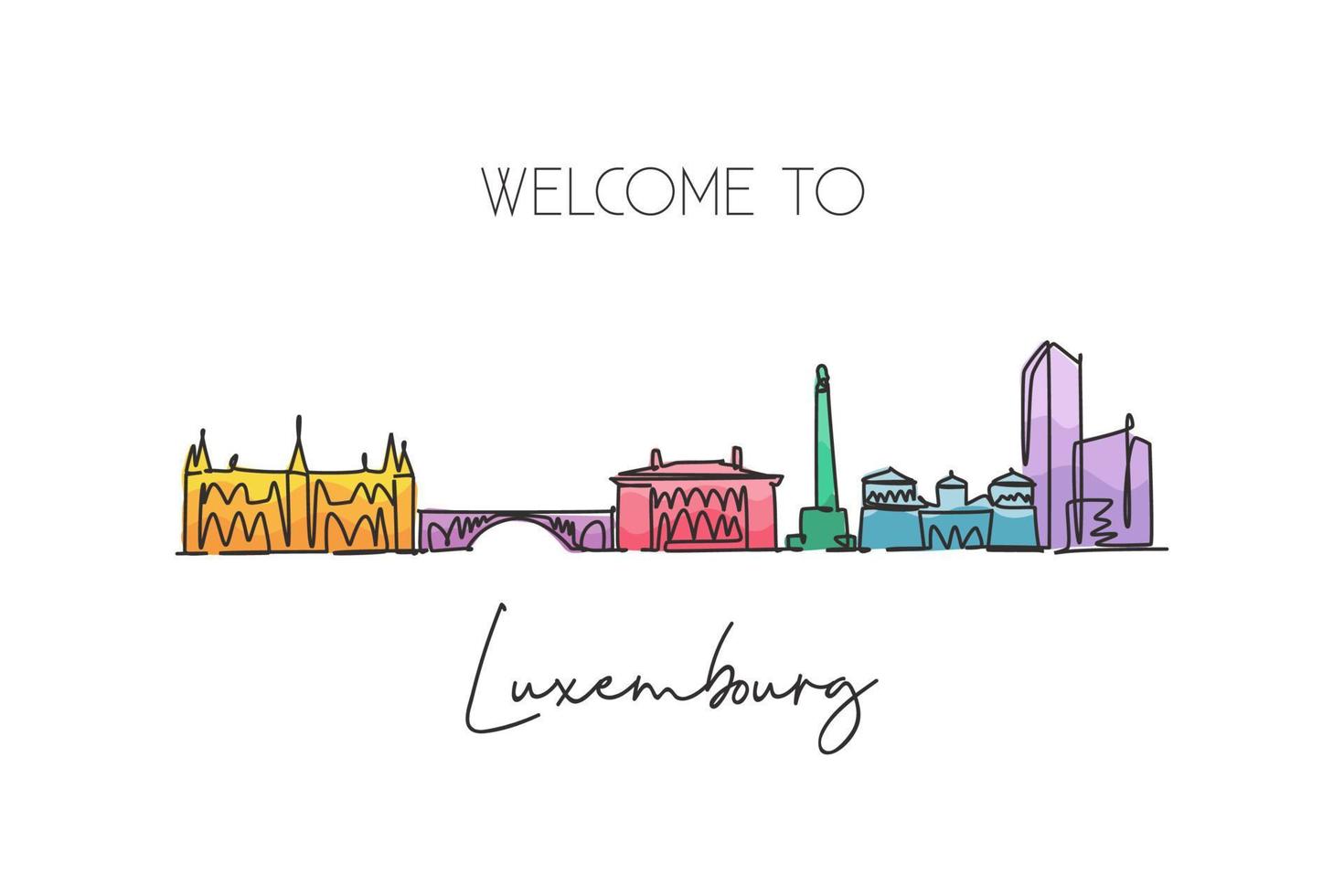 un dibujo de línea continua del horizonte de la ciudad de luxemburgo. hermoso hito. turismo paisajístico mundial y postal de vacaciones de viaje. Ilustración de vector de diseño de dibujo de una sola línea de trazo elegante editable