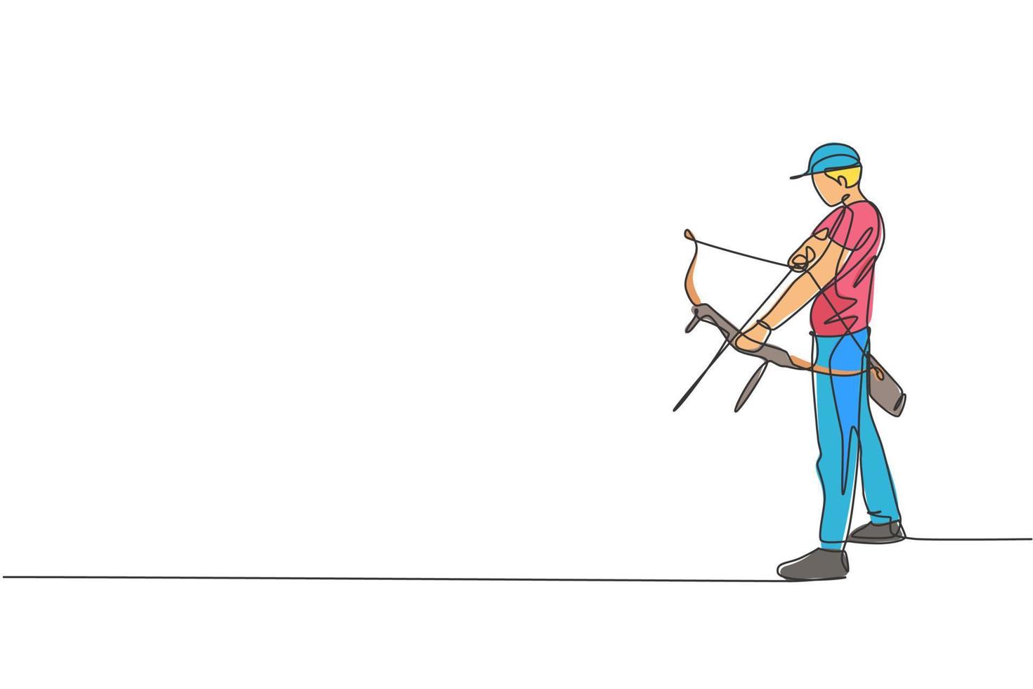 un dibujo de línea continua de un joven arquero tirando del arco para disparar un objetivo de tiro con arco. Concepto de entrenamiento y ejercicio deportivo de tiro con arco. Gráfico dinámico de ilustración vectorial de diseño de dibujo de una sola línea vector