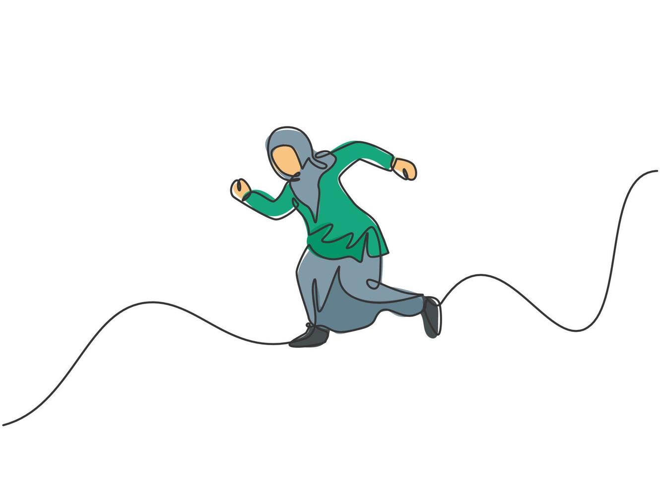 Continuous one line drawing young Arab female worker jumping high to the sky. Success business manager. Minimalist metaphor concept. Single line draw design vector graphic illustration