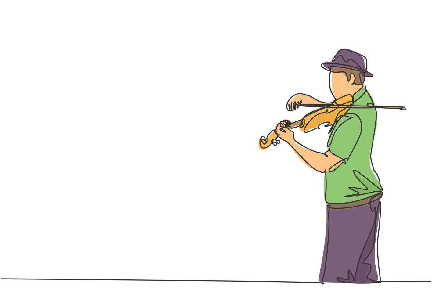 dibujo de línea continua única de un joven violinista masculino feliz con un sombrero y tocando el violín en un concierto de música. Concepto de rendimiento de músico artista ilustración de vector de diseño de dibujo de una línea