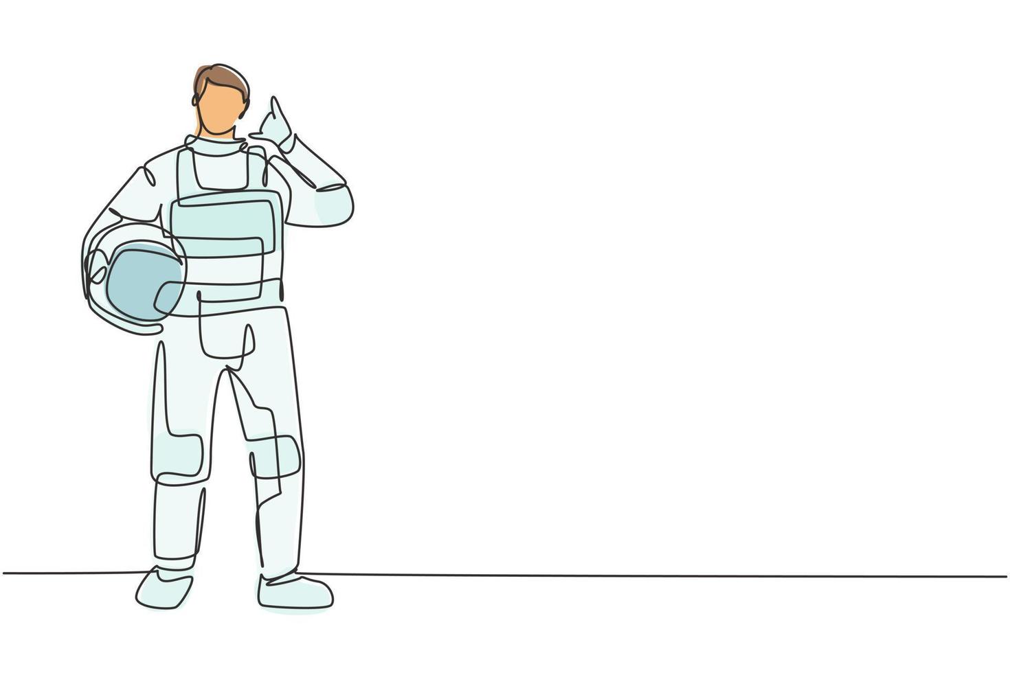 Single continuous line drawing astronaut stands with call me gesture wearing space suit exploring earth, moon, other planets in the universe. Dynamic one line draw graphic design vector illustration