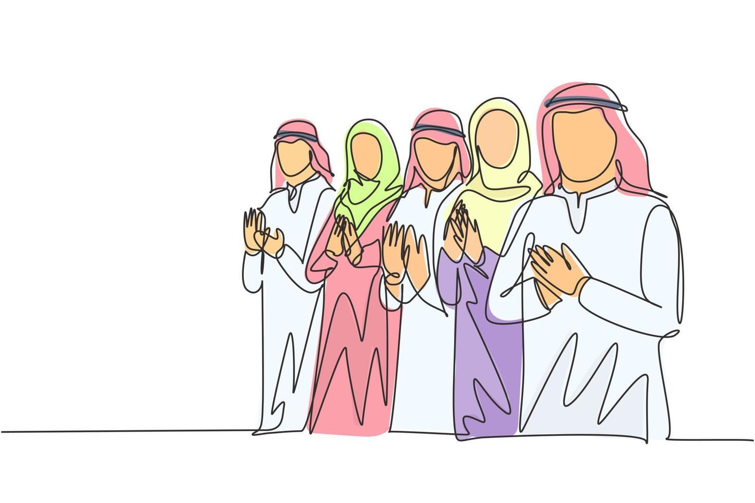 un dibujo de línea continua de una comunidad empresarial musulmana joven, masculina y femenina, aplaudiendo después de la presentación. ropa islámica kandura, hijab, keffiyeh. Ilustración de vector de diseño de dibujo de una sola línea