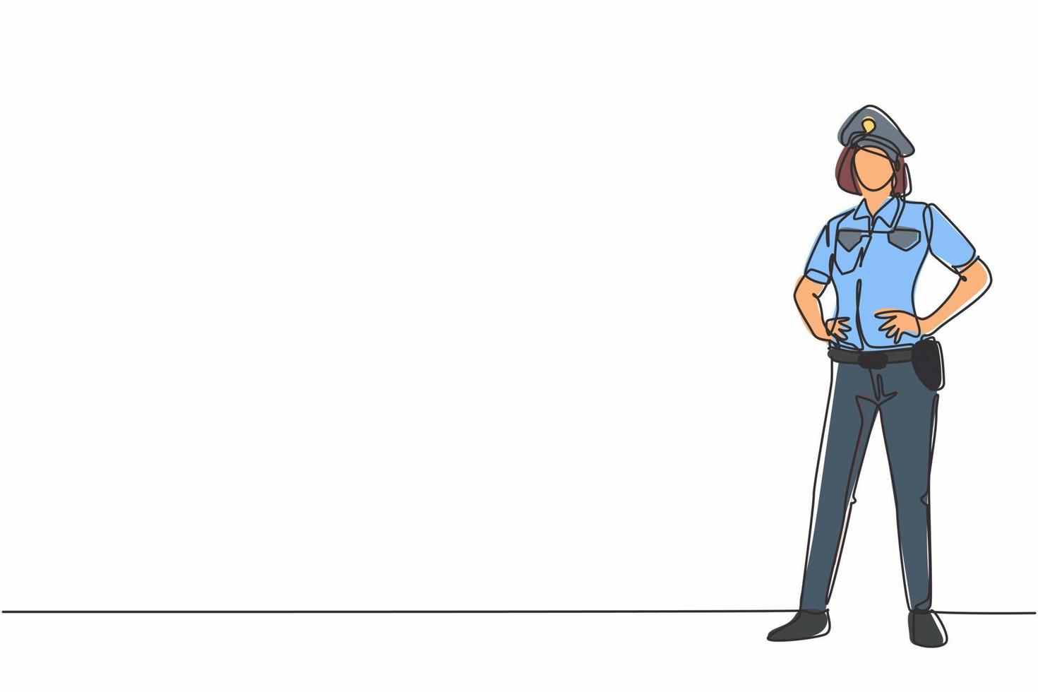 dibujo continuo de una línea de mujer policía joven belleza en uniforme de pie con las manos en la cadera. concepto minimalista de profesión de trabajo profesional. Ilustración gráfica de vector de diseño de dibujo de una sola línea