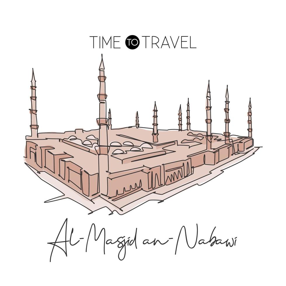 One continuous line drawing Masjidil An Nabawi landmark. Holy masjid at Medina Saudi Arabia. Religious hajj and umrah pray place concept. Wall decor poster. Single line draw design vector illustration
