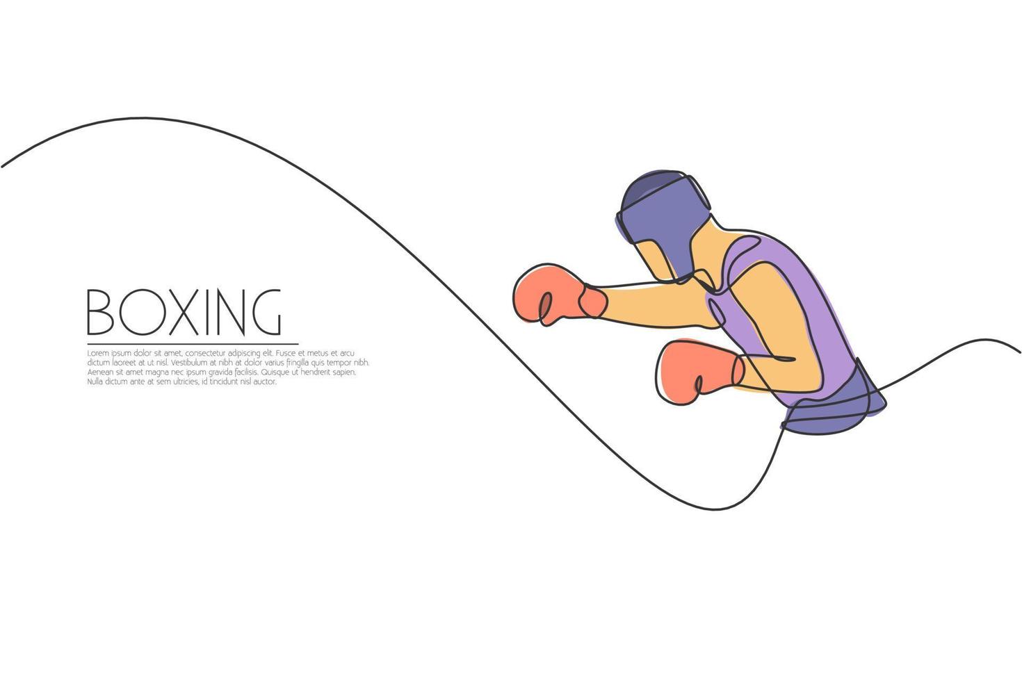 dibujo de una sola línea continua de un joven boxeador ágil lanzando un puñetazo al duelo rival. concepto de deporte de combate justo. ilustración de vector de diseño de dibujo de una línea de moda para medios de promoción de juegos de boxeo