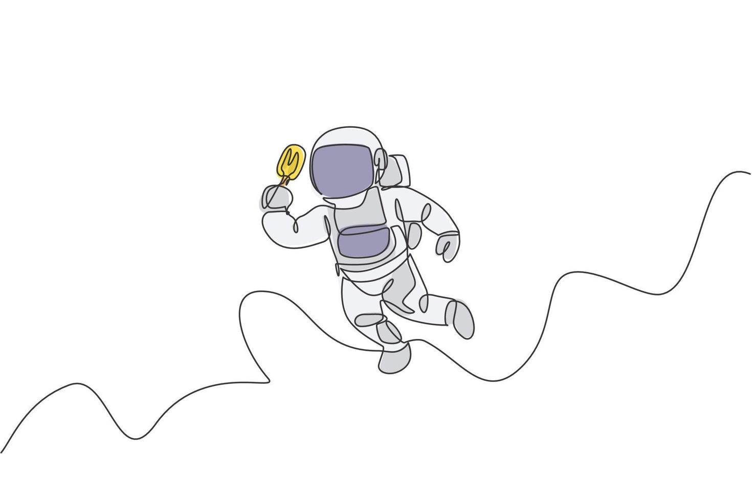 Single continuous line drawing of spaceman flying relax while eating popsicle ice cream in nebula galaxy. Fantasy fiction of outer space life concept. Trendy one line draw design vector illustration