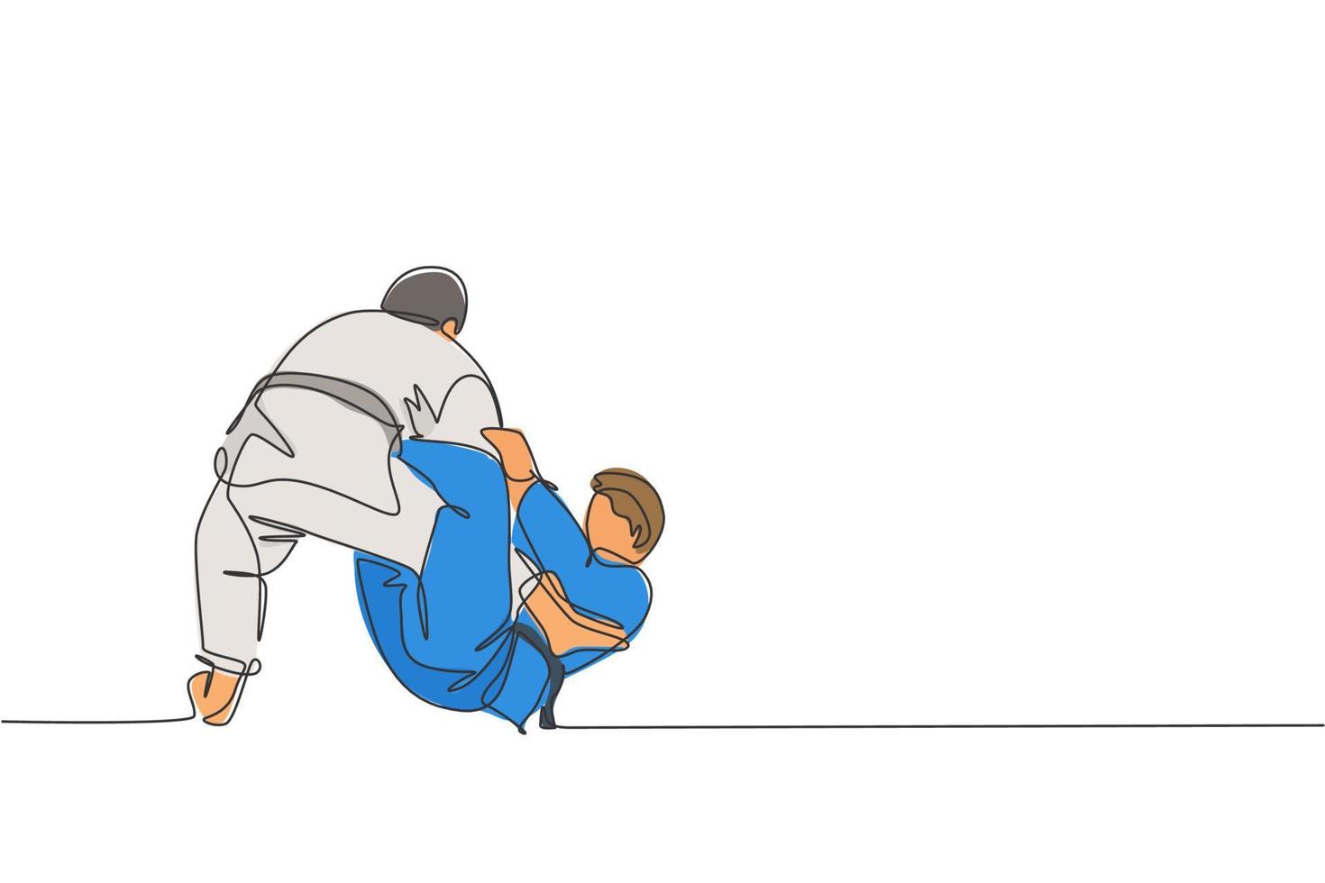 One single line drawing of two young energetic judokas fighter men battle fighting at gym center graphic vector illustration. Martial art sport competition concept. Modern continuous line draw design