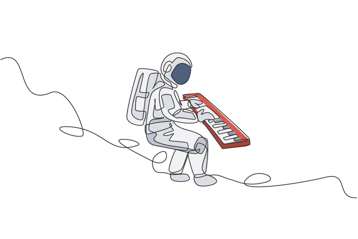 un dibujo de una sola línea de astronauta tocando un instrumento musical de teclado en la ilustración de vector gráfico de espacio profundo. cartel de concierto de música con concepto de astronauta espacial. diseño moderno de dibujo de línea continua