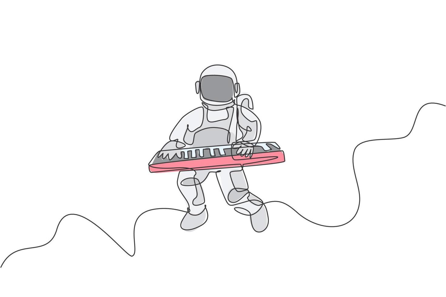 Single continuous line drawing of astronaut keyboardist playing keyboard musical instrument in cosmic galaxy. Deep space music concert concept. Trendy one line draw graphic design vector illustration