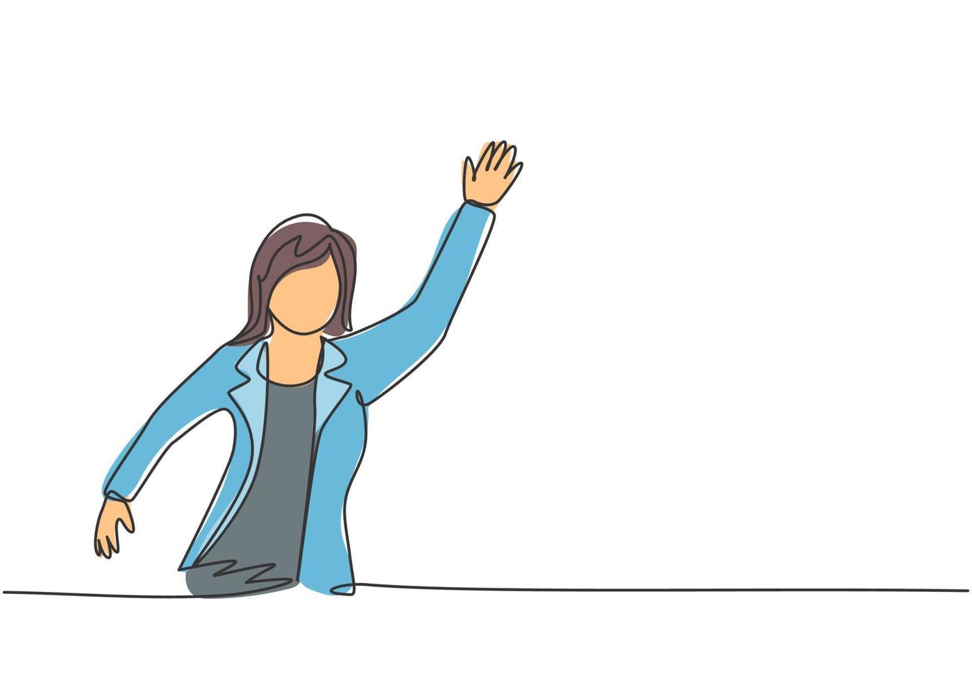 dibujo continuo de una línea de joven trabajadora agitando su mano para