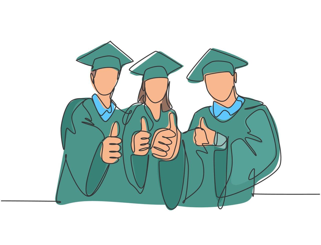 One line drawing of young happy graduate college students wearing graduation dress and giving thumbs gesture. Education graduating concept. Continuous line draw design graphic vector illustration