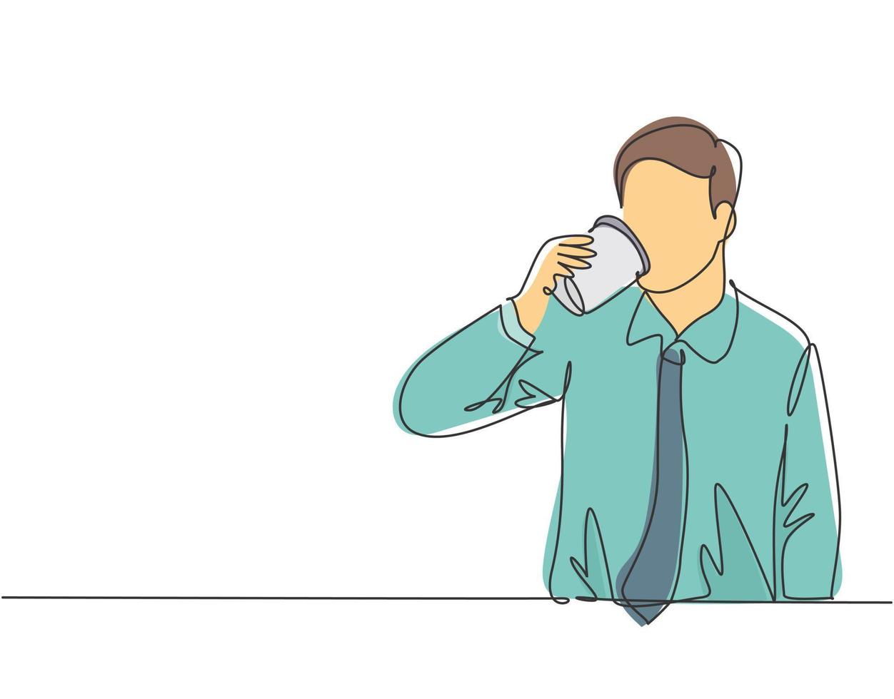 Single continuous line drawing of young thirsty worker take a drink while office break at canteen. Drinking coffee or tea concept. Trendy one line draw cartoon design vector illustration
