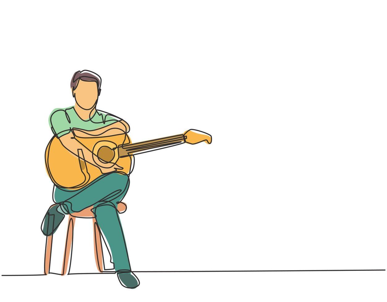 dibujo de línea continua única de joven guitarrista masculino feliz sentado después de tocar la guitarra acústica en una silla. Concepto de rendimiento de artista de músico de moda ilustración de vector de diseño de dibujo gráfico de una línea