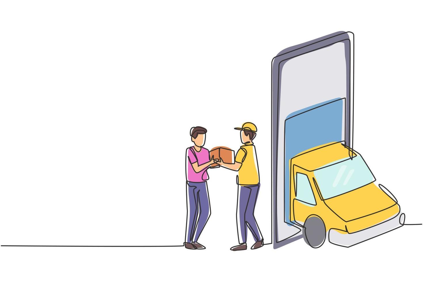 Single one line drawing delivery box car comes out partly from giant smartphone screen. Male courier gives package box to male customer. Modern continuous line draw design graphic vector illustration